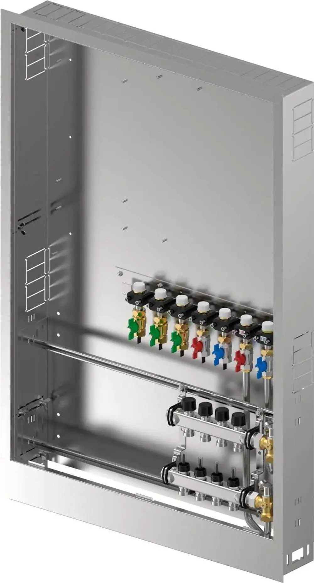 Edelstahl-Schrank mit verschiedenen Ventilen und Rohren. Die Installation erfolgt für eine Heizungs- oder Wasserversorgungsanwendung, produziert von Uponor.